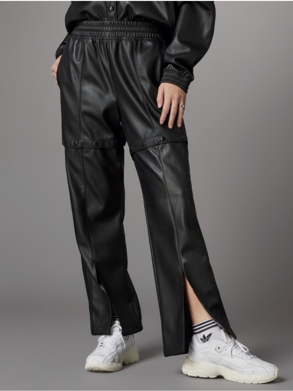 Adidas Always Original Black Faux Leather Snap Button Slit Wide Leg Track Pants